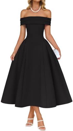 ZESICA Cocktail Dresses for Women's Elegant Off Shoulder Short Sleeve Swing A Line Wedding Evening Party Midi Dress, L