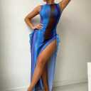 Women's Sheer Mesh Swimsuit Bikini Bathing Suit Cover Up Sexy Double Slit See Through Flowy Beach Long Dress Blue