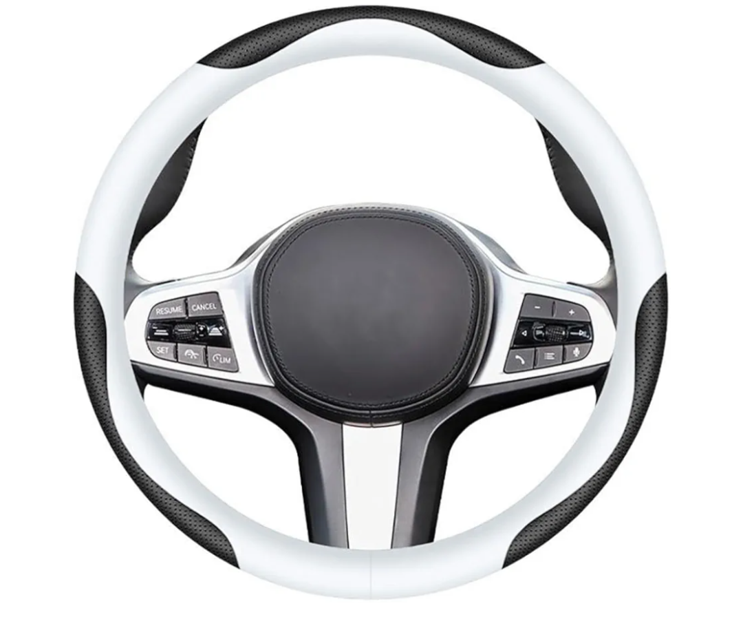Carodi Leather Car Steering Wheel Cover, Elegant, Fashionable, Comfortable, Non-Slip, Breathable, Universal 15 inch, Black and White