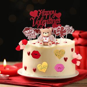 2 x 28 Piece Valentine's Day Cake Decorations Set, Acrylic Heart Cake Engraved Cake Topper Cupcake Envelope Angel Bear Lips XO Heart Love for Valentine's Day Wedding Anniversary