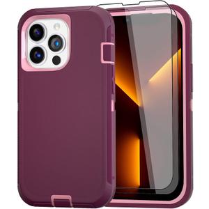 Case for iPhone 13 Pro Max Case 6.7" with 2 Screen Protector, Full Body Heavy Duty Military Grade Cover, Shockproof/Drop Proof Protection Phone Case (Wine Red Pink)