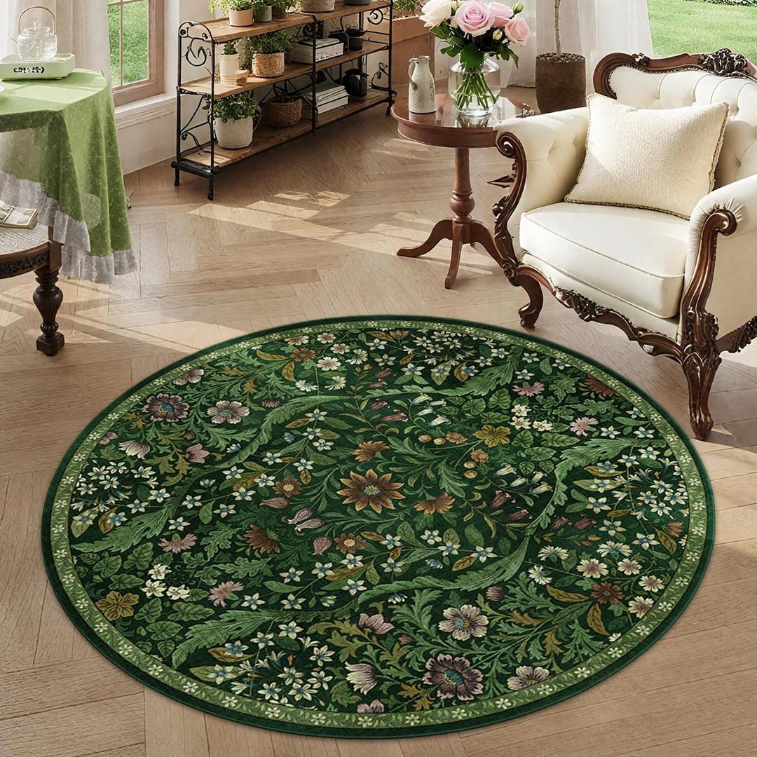 Round Rug 4ft Dark Green Washable Floral Circle Rug,Vintage Boho Botanical Round Area Rugs, Non-Slip Soft Low-Pile Circular Carpet for Bedroom,Kids Room,College Dorm,Home Decor