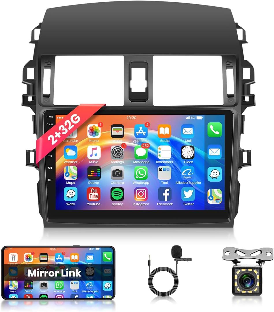 2+32G Android Car Stereo for Toyota Corolla 2009 2010 2011 2012 2013 with Mirror Link Car Radio, 9 Inch Touch Screen Head Unit Bluetooth WiFi GPS Navigation FM RDS AHD Backup Camera SWC