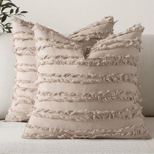 MIULEE Set of 2 Decorative Boho Throw Pillow Covers Spring Linen Striped Jacquard Pattern Cushion Covers for Sofa Couch Living Room Bedroom 18x18 Inch Beige