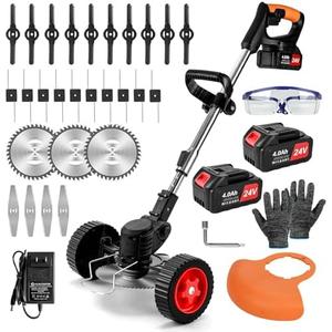 Electric Weed Wacker Cordless,24v Weed Eater Battery Powered 3 In 1 Lightweight Grass Trimmer With 2 4.0 Ah Batteries & Charger, Weed Eater With Blade & Wheels For Women,Lawn Care,Garden,Yard (Orange)