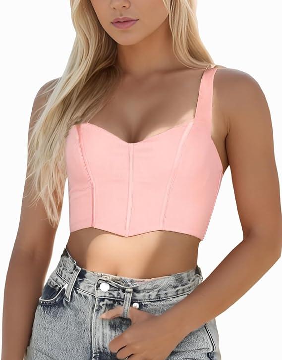 Women Summer Tube Tank Tops V Neck Sleeveless Backless Sexy Boned Bustier Y2k Mesh Corset Crop Top M Pink