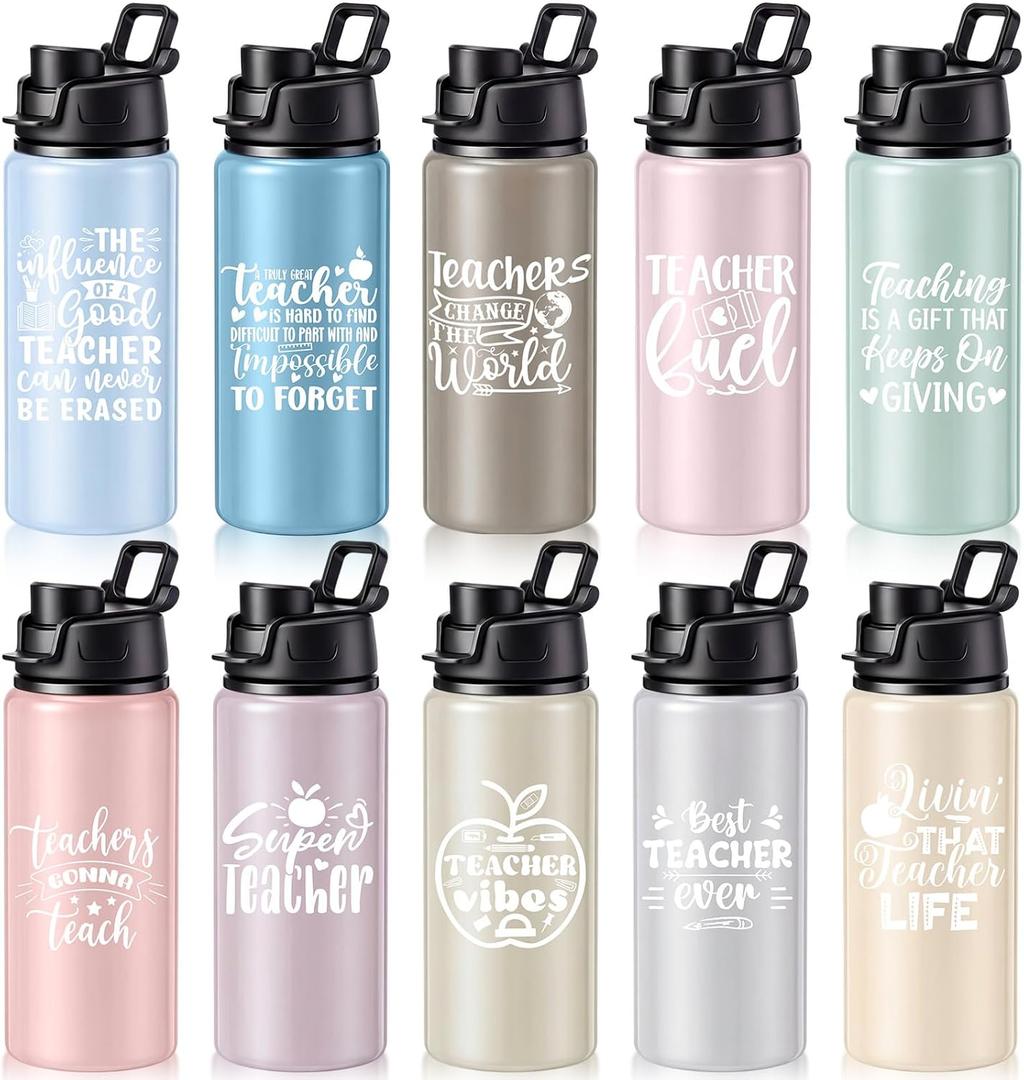 10 Pack Back to School Teacher Gifts, 20 oz Reusable Water Bottles with Quotes, Bulk Teacher Appreciation Gifts for First Day of School, Welcome Back Gift for Women Men(Macaron Color,Classic)