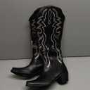 wetkiss Black Cowboy Boots for Women Knee High Cowgirl Tall Boots with Classic Retro Embroidered Chunky Heel Slip On Pointed Toe Womens Western Boots for Girls Ladies (8.5)