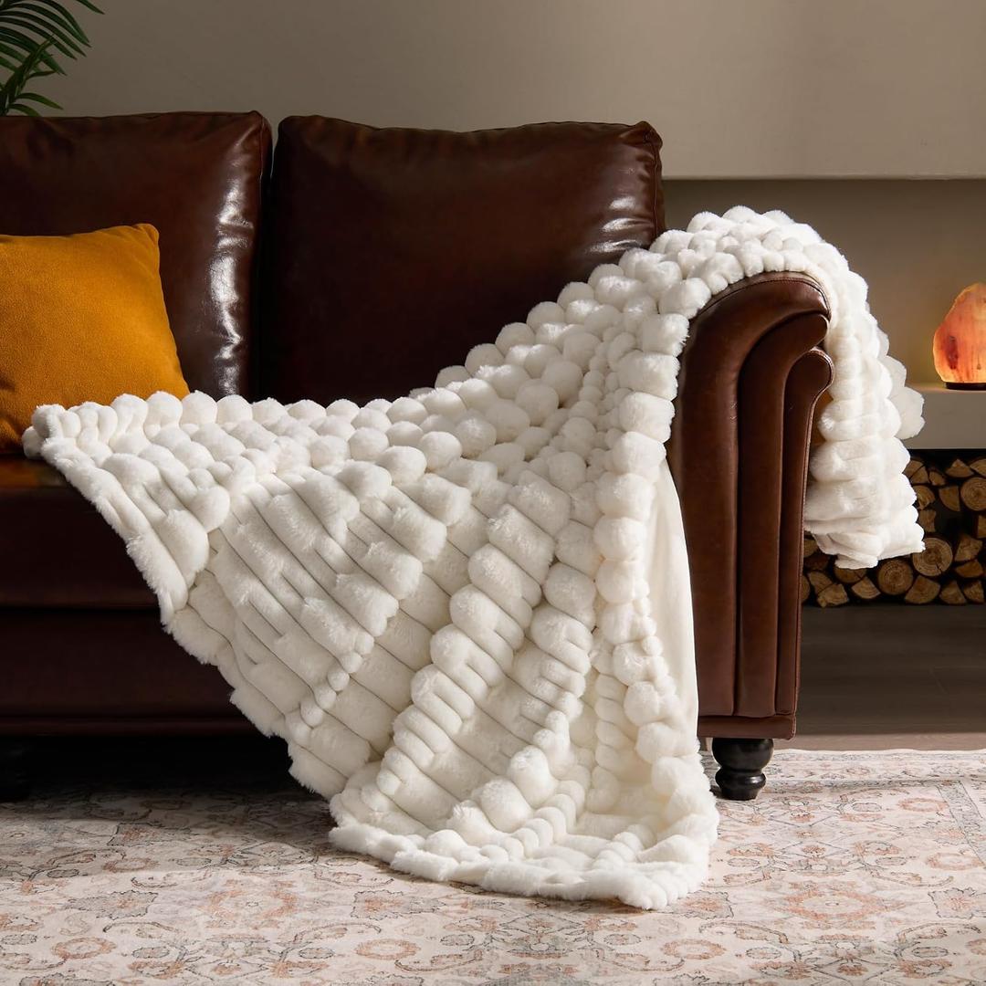 BEDELITE Faux Fur Cream Throw Blanket for Couch - Super Soft & Cozy Plush Striped Blanket for Sofa and Room Decor, Luxury Fluffy All-Season Blankets Gift for Women, Men, Mom, Dad, 50x60 inch, Cream