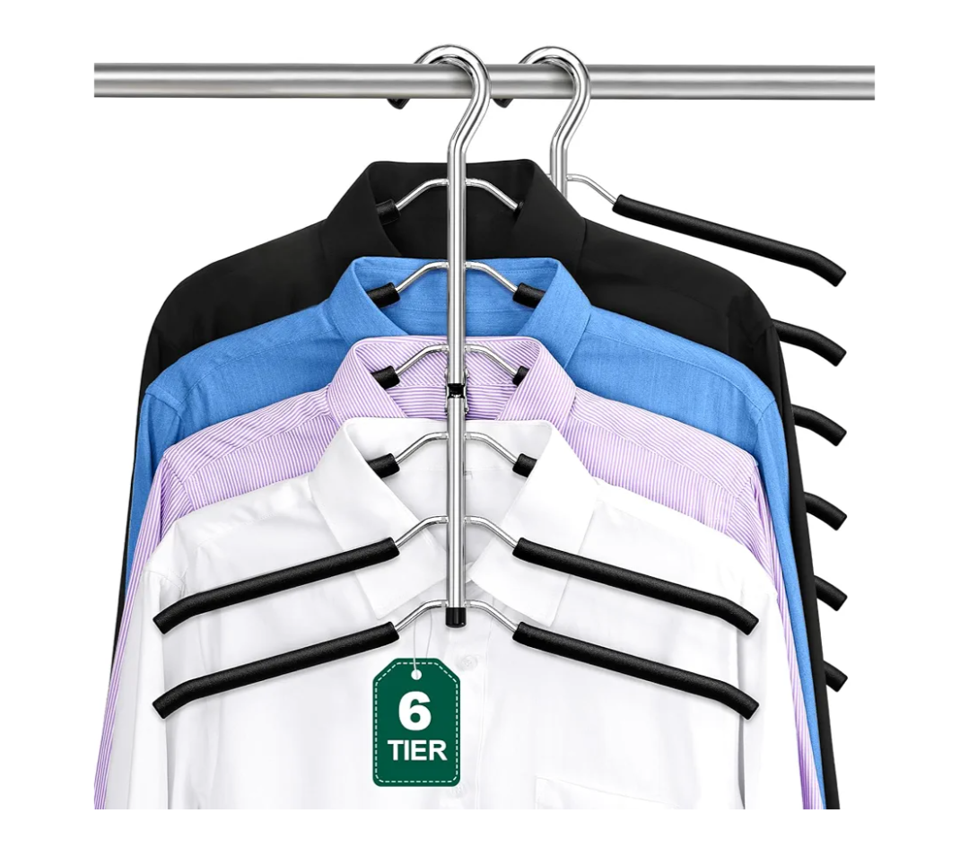 DOIOWN Space Saving 6 Tier Coat Hangers - Non Slip Foam Padded, Black Metal Sweater & T Shirt Hangers for Men & Women, 2 Pack Closet Organizers