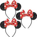 Mouse Ears Headband with Sequin Bows, Headbands for Man Halloween Costume, Headwear Hair Accessories for Women - 3 Pack, Red&Black