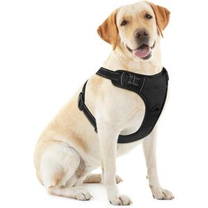 Adjustable Reflective Black No-Pull Dog Harness with 2 Leash ClipsSoft Padded Vest for Large Dog, Easy to Put on and Take Off, Black L
