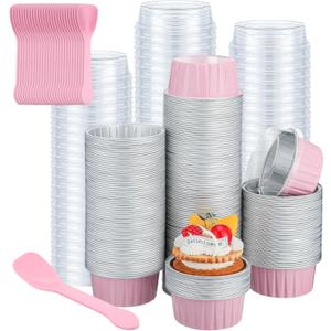 Hushee 600 Pcs Aluminum Foil Baking Cups with Lids and Spoons 5oz Disposable Ramekins Dessert Muffin Creme Brulee Cupcake Liners Containers for Wedding Birthday Christmas Party(Round,Pink)