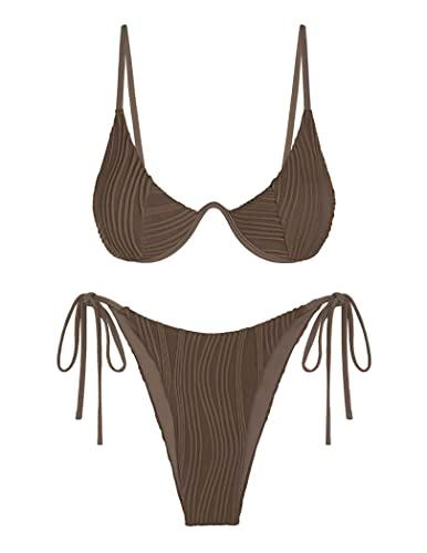 ZAFUL Womens Bikini Set Underwire Ribbed Back Clasp Swimsuit High Cut Sexy Two Piece Bathing Suit Deep Coffee , Size L