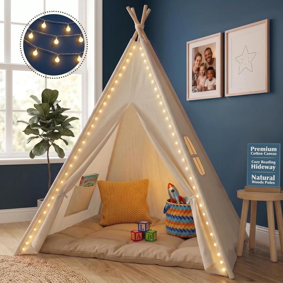 Teepee Tent for Kids, Indoor & Outdoor Adventure Teepee Tent with LED Light, Premium Cotton Canvas & Natural Wood Poles, Easy Assembly, Play Tent for Boys & Girls Ages 3-10, 47.2L x 59H inches