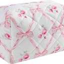 Cute Small Makeup Bag,Quilted Floral Cotton Cosmetic Pouch, Quilted Flowers Pencil Case with Zipper, Kawaii Travel Toiletry Bags for Purse(07PinkBow)