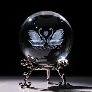 HDCRYSTALGIFTS 3D Engraving Crystal Double Swan Figurine with Love Heart Sphere 60mm(2.3inch) Crystal Ball Paperweight with Stand Base Valentines for Girls Women