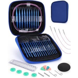 Aeelike Interchangeable Knitting Needles Set,13 Pairs Circular Knitting Needles Aluminum (Size 3.0mm-10.0mm) with 4 Cables Accessories Needle Storage Casefor Socks Blankets Cushions, Ideal Gift (Dark Blue)