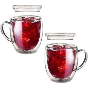 2 Pack -12 oz Clear Double Wall Glass Coffee Mug with Lid | Insulated Heat Proof Glass Tea Cup Mug with Handle | Perfect for Cappuccino Tea Latte Hot Beverage Wine Microwave Safe