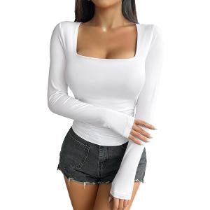 Womens Long Sleeve Shirts Slim Fit Y2k Square Neck Tops Casual Going Out Basic Tees Clothes, XL