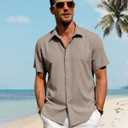 J.VER Men's Linen Shirts Casual Short Sleeve Button Down Shirt Beach Vacation Cruise Summer Wedding Cotton Tops (Beige, M)