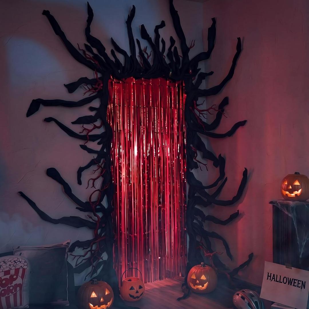 3.3ft x 6.6ft Black Red Stranger Party Streamers Backdrop Black Craft Paper Roll, Matte Red Tinsel Foil Curtains DIY Gateway Theme Decorations for Stranger Party Halloween Horror Photo Props