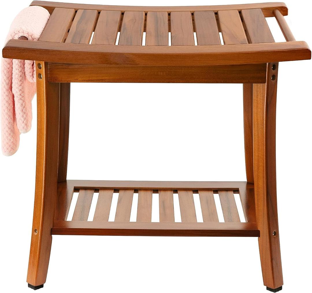 Utoplike Teak Shower Bench Seat with Handles, Portable Wooden Spa Bathing Stool with Storage Towel Shelf, 22" x 13" x 18.6", Perfect for Indoor and Outdoor Use