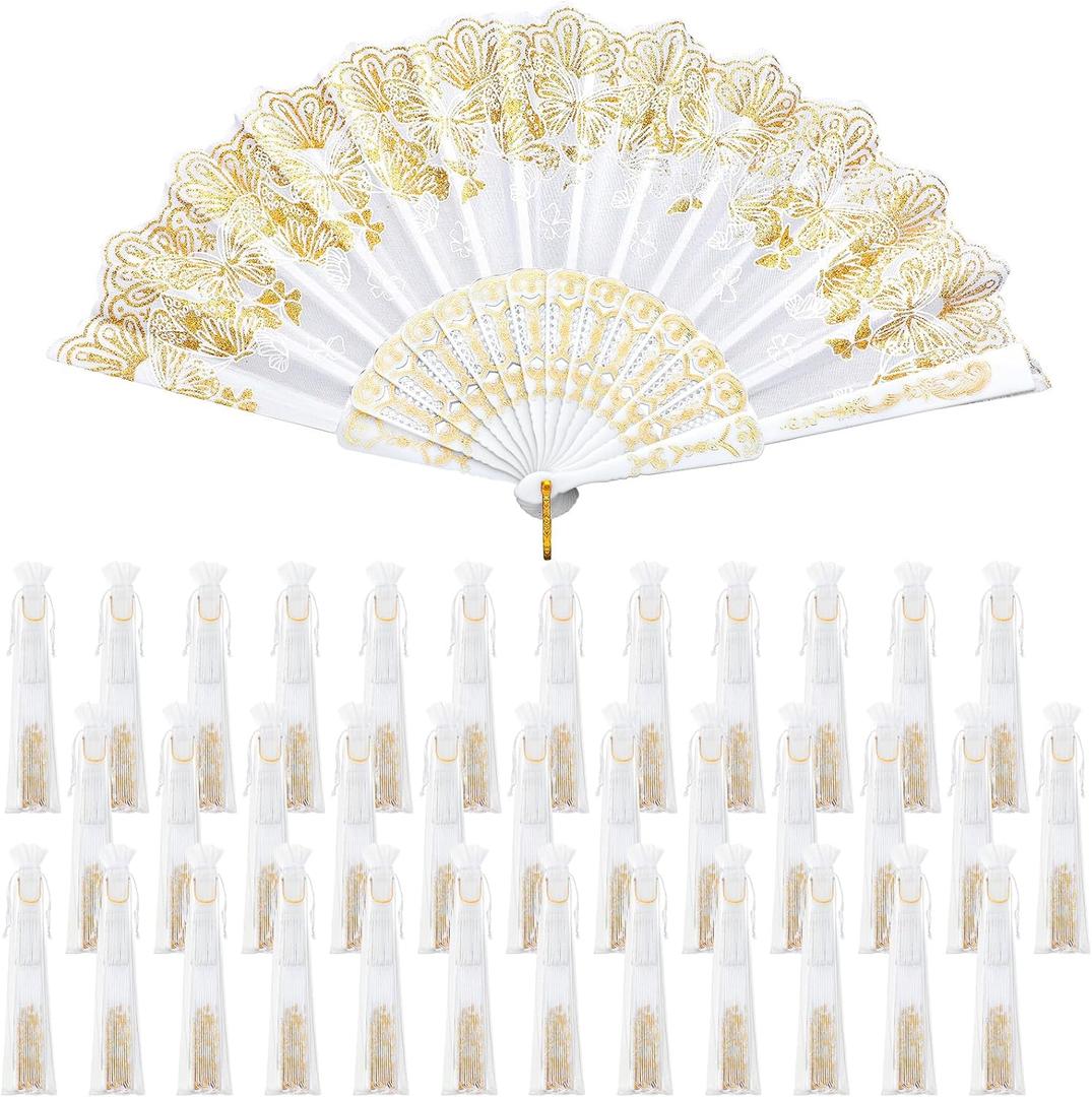 Geelin 50 Pcs Hand Lace Foldable Fans Bulk for Women with Organza Bag Lace Folded Hand European Retro Fan Bridal Dancing Prop Wedding Party Favors for Dancing Tea Party(Butterfly,White)