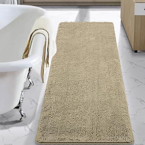 LOCHAS Luxury Bathroom Rug Shaggy Bath Mat 24 x 60 Inch, Washable Non Slip Bath Rugs for Bathroom Shower, Soft Plush Chenille Absorbent Carpets Mats, Beige