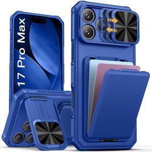 SSLOTSCASE for iPhone 17 Pro Max Wallet Case with Card Holder & Kickstand & Sliding Camera Lens Cover & Camera Stand, Rugged Hard Women Men Phone Case Cover for iPhone 17 Pro Max 5G 2025, Royal Blue