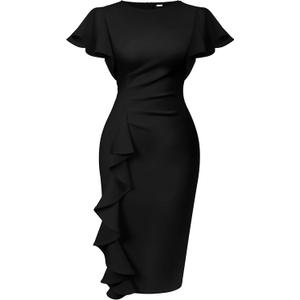 Memoriesea Women's Vintage Church Ruffle Sleeve Ruched Bodycon Work Midi Pencil Dress (Black, M)
