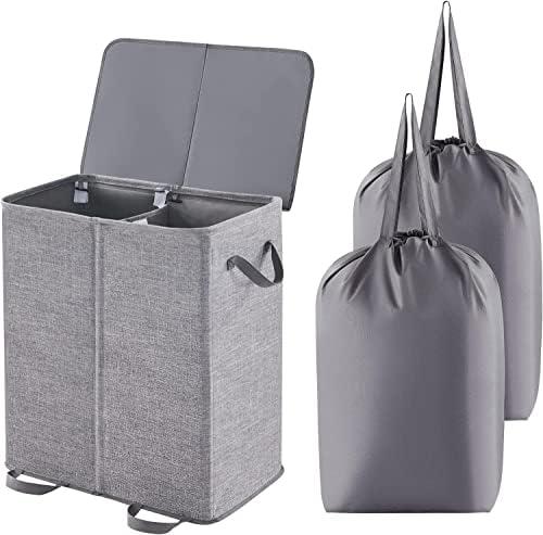 Lifewit Double Laundry Hamper with Lid and Removable Laundry Bags, Large Collapsible 2 Dividers Dirty Clothes Basket with Handles for Bedroom, Laundry Room, Closet, Bathroom, College, 136L Grey