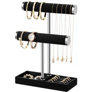 bussdis 2 Tier Bracelet Holder Display - Detachable T Bar Black and Silver Velvet Bracelet Holder, Jewelry Holder Organizer for Bracelet, Necklace, Earrings, Rings