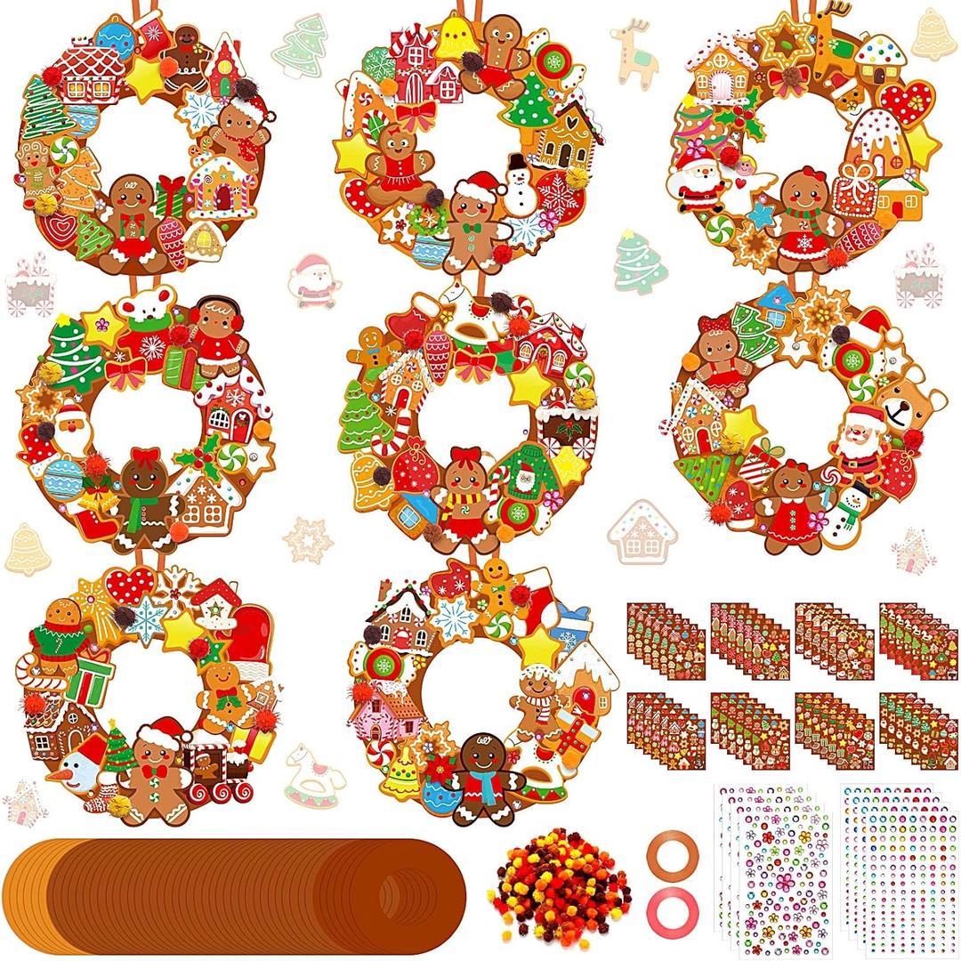 Hollowfly 48 Sets Christmas Wreath Craft Kits for Kids DIY Gingerbread Man Wreath Hanging Ornaments with Stickers for Christmas Xmas Party Favors Home School Classroom Activities