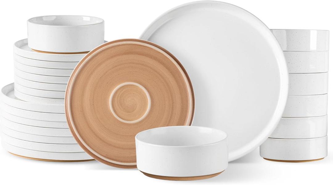 AmorArc Ceramic Dinnerware Set for 8, Speckled Stoneware Plates and Bowls with Rustic Terracotta Underside, Scratch Resistant,Dishwasher & Microwave Safe Dishes Sets- 24pcs White (Service for 8, Modern-White)