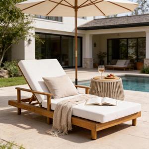 Christopher Knight Home Tuki Acacia Wood Chaise Lounge Chair Outdoor, Poolside Sun Lounger Recliner, Patio Outdoor Chaise Lounge with Cushions, Adjustable Backrest Single Lounge Sofa, Cream+Teak, Medium: Only Cushions Included