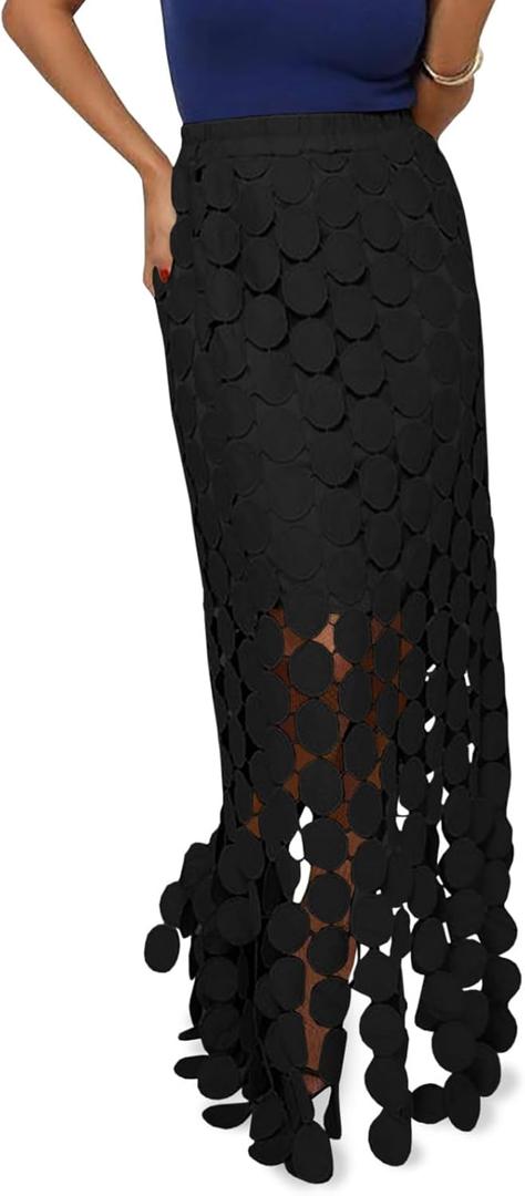 Cicy Bell Womens Hollow Out Maxi Skirts Summer High Waisted Boho Fringe Hem Long Skirt (Black, M)