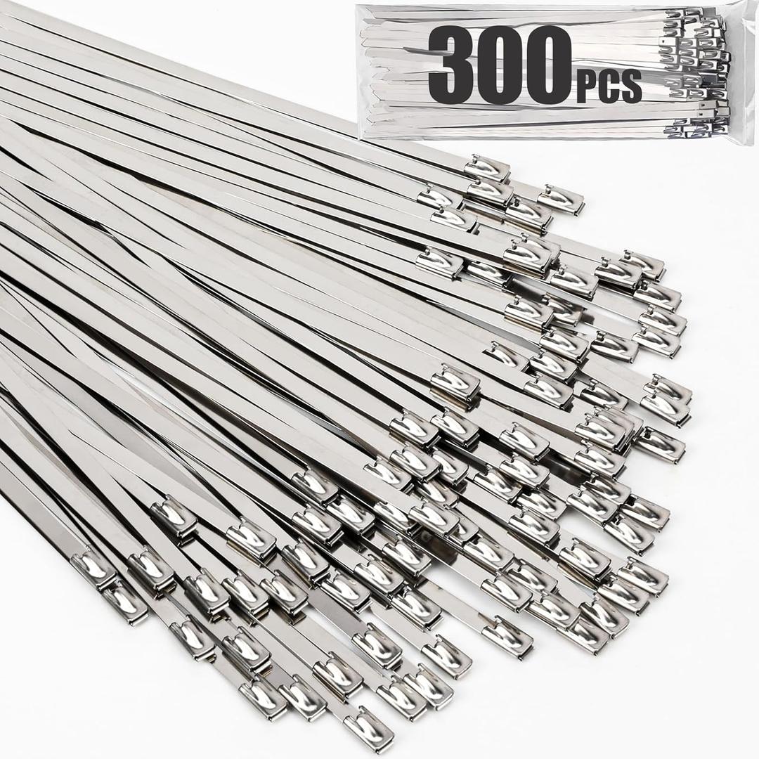 300pcs Metal Zip Ties, 12 Inch 304 Stainless Steel Zip Ties, Self-Locking Cable Ties 200lbs Tensile Strength, Metal ZipTies Heavy Duty for Machinery, Exhaust Wrap, Farms, Pipes, and Outdoor Fence