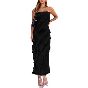 BTFBM Women Summer Elegant Strapless Midi Ruched Bodycon Dress Solid Color Stretch Mesh Slim Party Cocktail Dresses (Black, L)