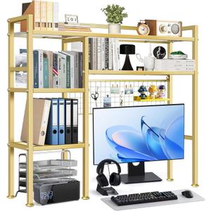 Desk Shelf with Grid Panel, 37.5" Desktop Hutch Organizer, 4-Tier Desk Bookshelf for Computer Desk, Metal & Wood Desktop Storage Rack for Home Office, Dorm, Study Desk, Gold, 37.5 Inches X 7.9 Inches X 35 Inches