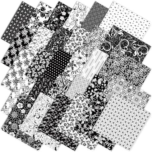 Whaline 60Pcs Flower Cotton Fabric Bundles Black White Floral Fabric Squares Flower Leaves Sewing Fabrics for DIY Handmade Crafting, 10 x 10 Inch