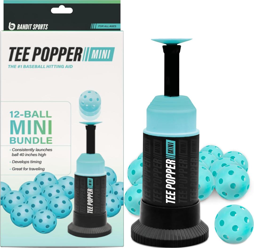 Bandit Sports Baseball Training Tee Popper Mini Bundle, Hitting Tee for Perfect Swings, Batting Equipment for Practicing Hitting Without a Pitcher (Mini Popper Balls 12 Pack Included)