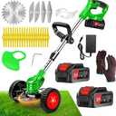 Cordless Weed Wacker with 2 Batteries, Lightweight 21V Weed Trimmer with Wheels, Electric Grass Trimmer, Adjustable Shaft Lawn Tool for Small Yard Tight Spaces
