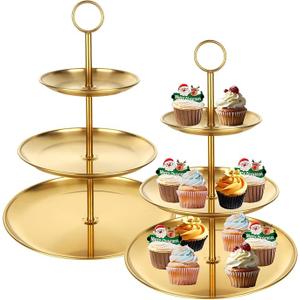 YOUNTHYE 2PCS Gold Cupcake Stand 3 Tiered Dessert Stand Stainless Steel Cupcake Display Stand Party Serving Trays Gold Cake Holder for Holiday Dessert Table Decorations Birthday Wedding