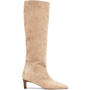 Coutgo Womens Knee High Boots Wide Calf Kitten Heel Pointed Toe Long Boots Pull On Winter Dress Shoes (7, Nude)