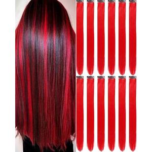Set Of 3: Olldag 12 PCS Red Hair Extensions Clip in, 22 Inch Colored Hair Extensions Party Highlights Long Straight Synthetic Hairpieces for Women Cosplay