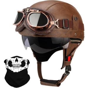 German Style Leather Motorcycle Half Helmet for Adults Men Women, DOT Approved Vintage Cap Half Face Shell Motorcycle Helmets for Cruiser Chopper+Goggles(Brown,X-Large)