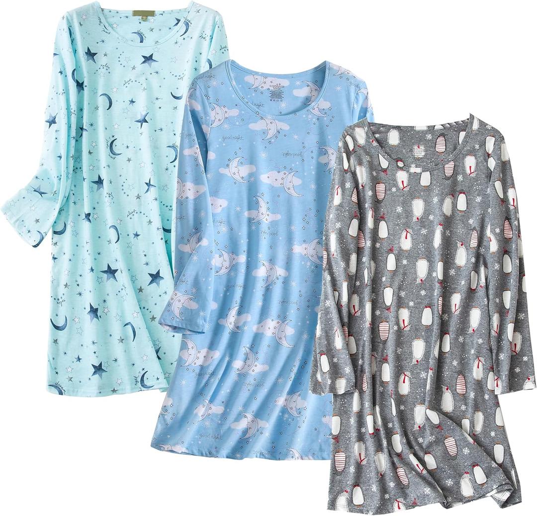 Inadays 3 Pack Women's Cotton Nightgown Sleepwear Long Sleeves Nightshirt Fun Print Sleepdress Loose Comfy Sleepshirts (XX-Large, Star+cloud+gray Penguin)