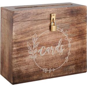 Wedding Card Box with Card Slit and Lock 12"X10"X4.5"- Gift Wishing Well Card Box for Weddings, Receptions, Birthdays, Graduations, Baby Showers, Honeymoon Funds LFBRNT (BURNT WOOD)