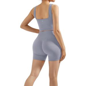 SUUKSESS Women 2 Piece Workout Sets Tracksuit Hidden Scrunch Butt Lifting Biker Shorts Square Neck Tank Tops (Grey,S)